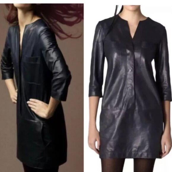 Vince Women's Leather Snap Button Front Shirt Shift Mini Dress in Gray - Picture 1 of 10
